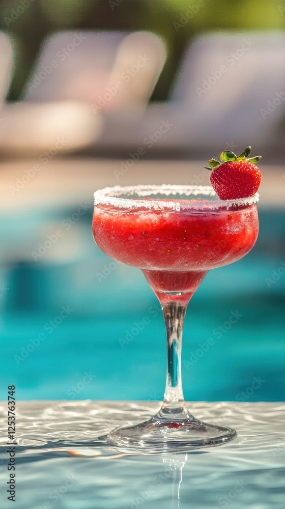 Refreshing strawberry margarita cocktail by the poolside summer vibes drink relaxing atmosphere Refreshing strawberry margarita cocktail by the poolside summer vibes drink relaxing atmosphere