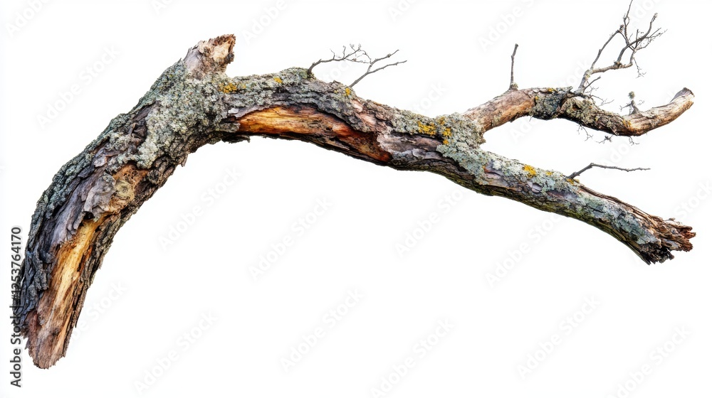 Intricately Textured Fallen Branch with Natural Bark and Twigs Isolated on White Background Intricately Textured Fallen Branch with Natural Bark and Twigs Isolated on White Background
