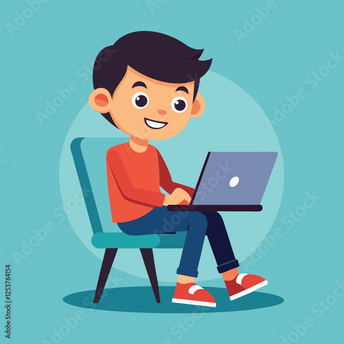 a boy is using his laptop vector