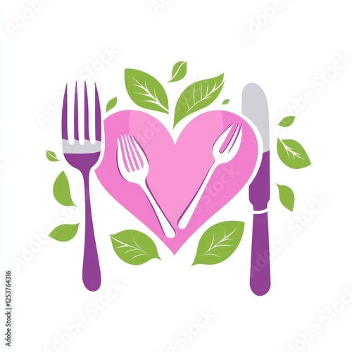 Healthy eating logo, fork and knife in heart,  nature,  food,  love.  Possible use  restaurant,  healthy food,  diet photo