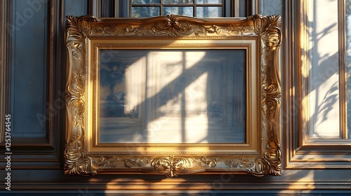 An exquisite antique golden frame cast in an ornate baroque style hanging on the wall of a luxurious interior  The frame is adorned with intricate carvings and gilded details