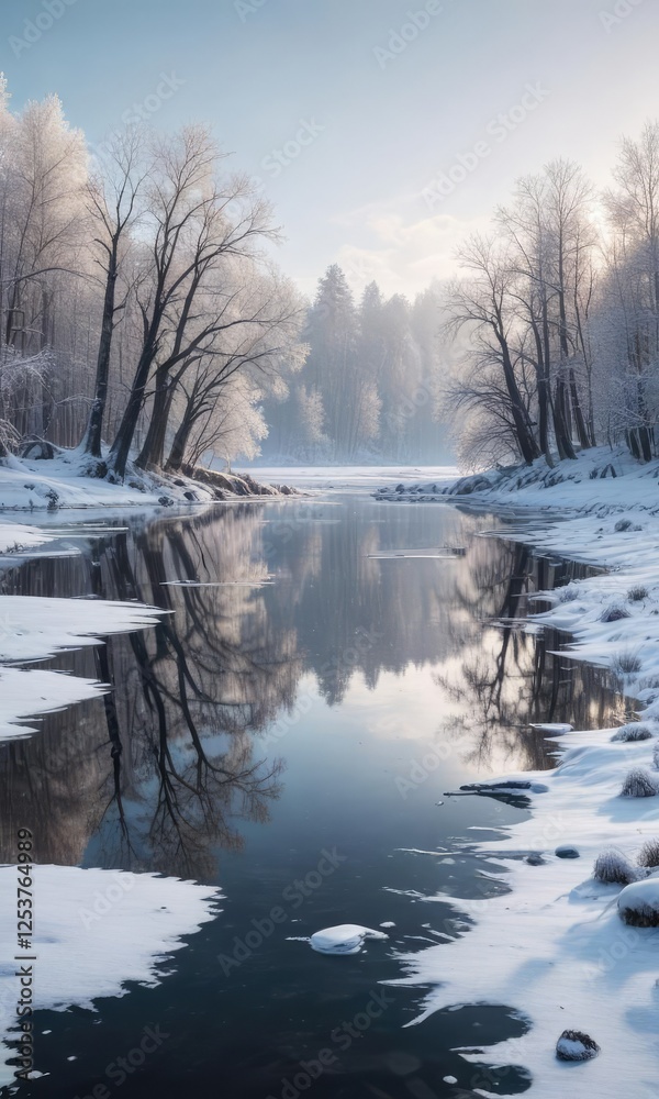 A cold winter landscape with a frozen lake and snow-covered trees reflected in the ice, snow, serenity, lake A cold winter landscape with a frozen lake and snow-covered trees reflected in the ice, snow, serenity, lake