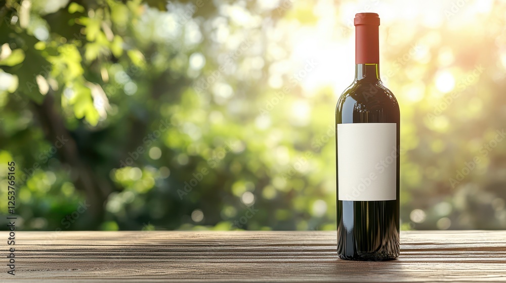Fototapeta premium Wine bottle with blank label on wooden table in vineyard
