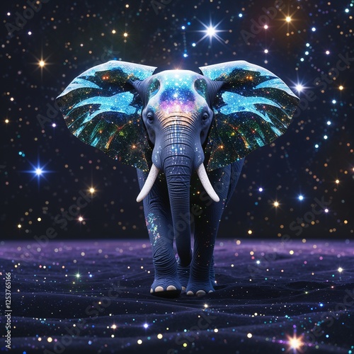 A majestic elephant with glowing stars and galaxies on its skin stands against a cosmic backdrop. photo