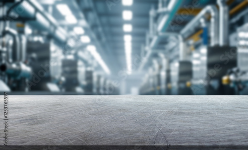 blurred background of factory and empty steel tabletop in foreground. Business presentation