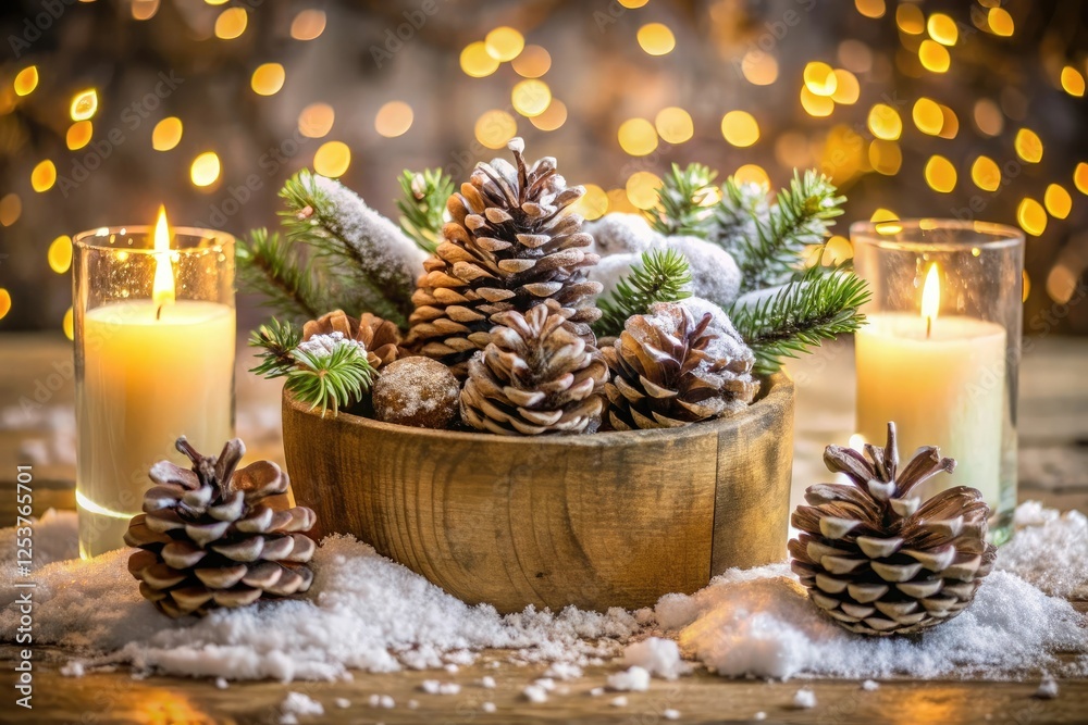 A cluster of snow-covered pinecones and candles in a wooden vase filled with sparkling white wine, rustic, winter, frosty A cluster of snow-covered pinecones and candles in a wooden vase filled with sparkling white wine, rustic, winter, frosty