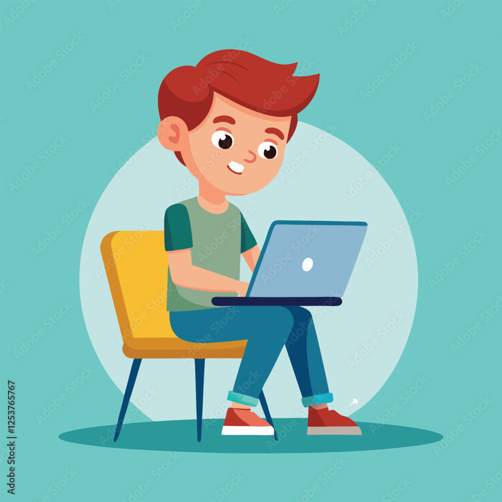 a boy is using his laptop vector a boy is using his laptop vector