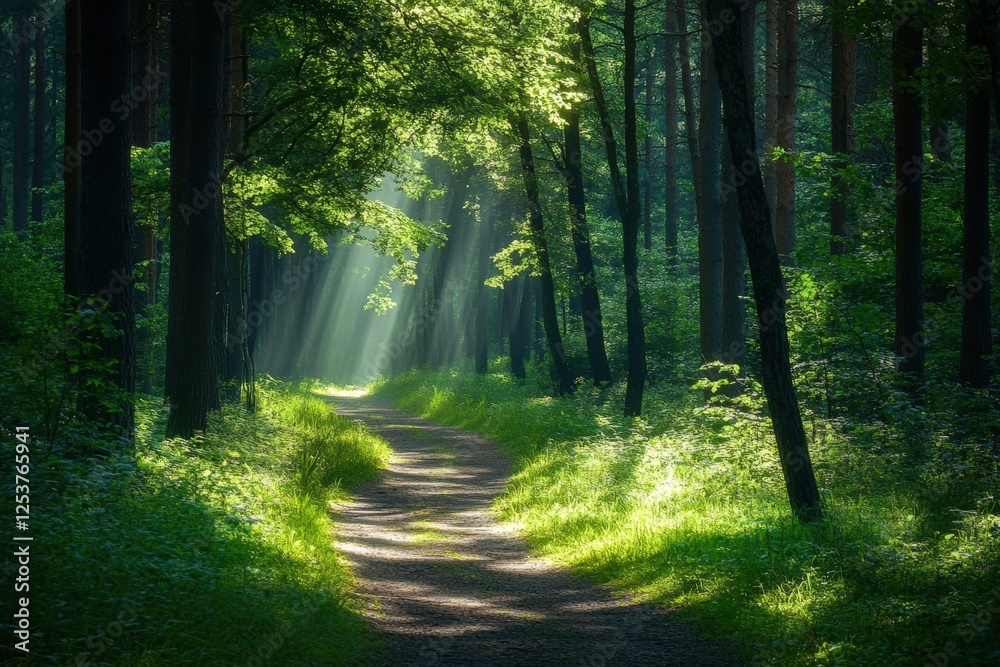 Fototapeta premium Winding path through a sunlit forest inviting exploration and adventure. Generative AI