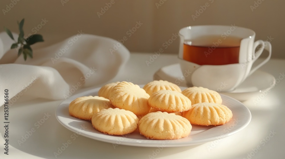Sunny morning tea with butter cookies Sunny morning tea with butter cookies