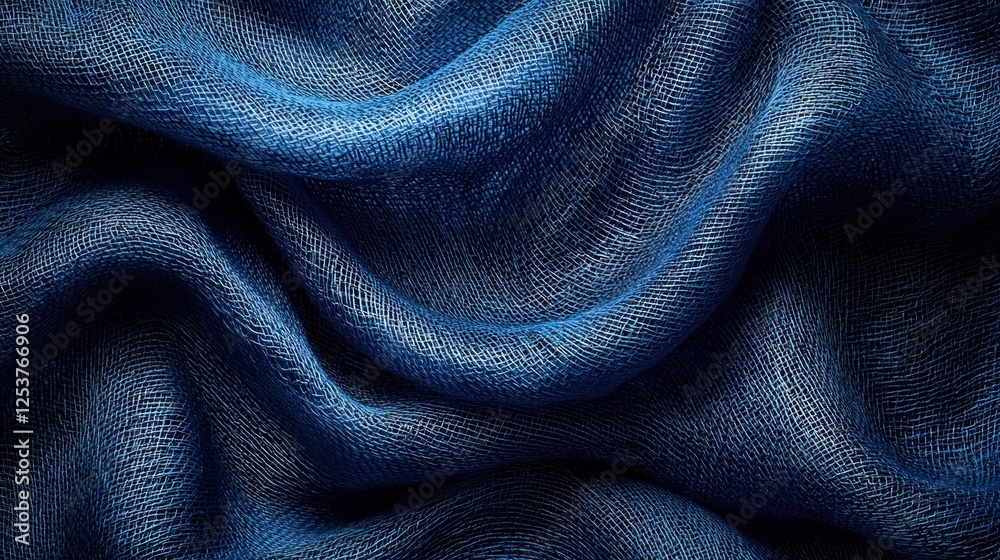 Close-up of folded blue fabric, textured background for textile or fashion designs