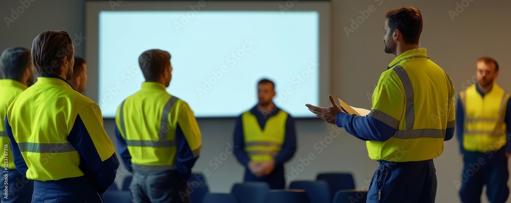 Fototapeta premium Supervisor leading a team meeting of industrial workers in conference room