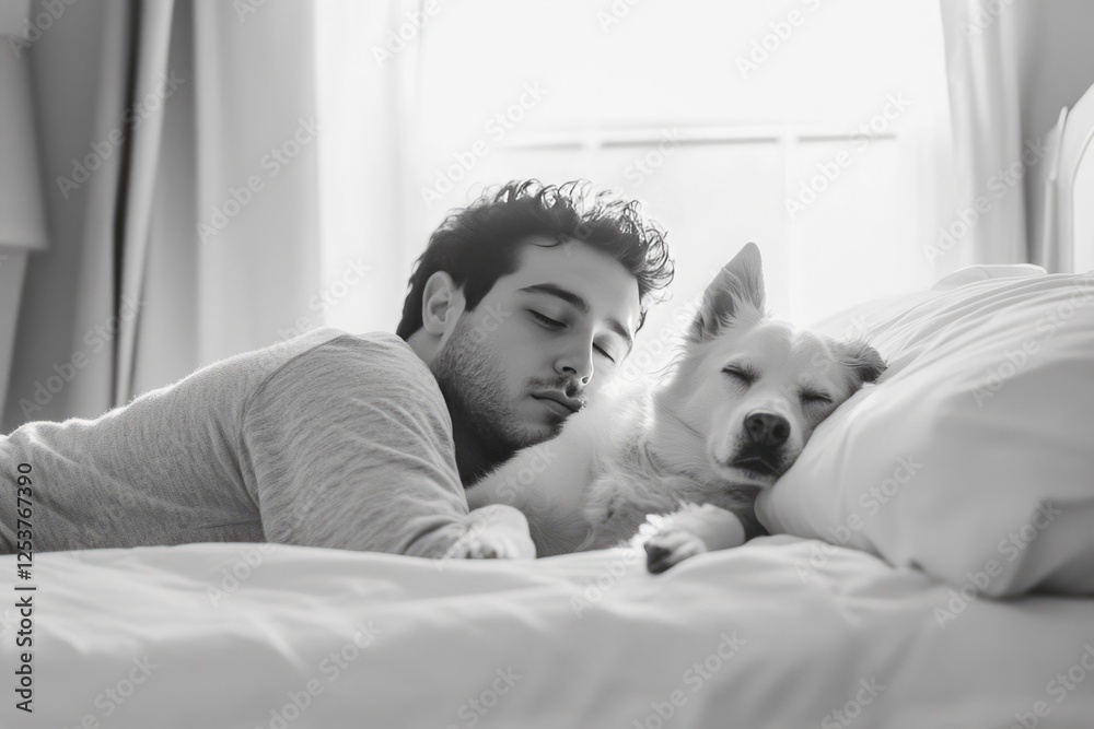 A man lying in bed with his dog, both resting peacefully under soft morning light A man lying in bed with his dog, both resting peacefully under soft morning light
