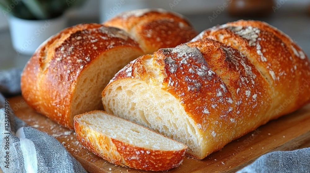 Freshly baked sourdough bread sliced on wooden board in kitchen Freshly baked sourdough bread sliced on wooden board in kitchen