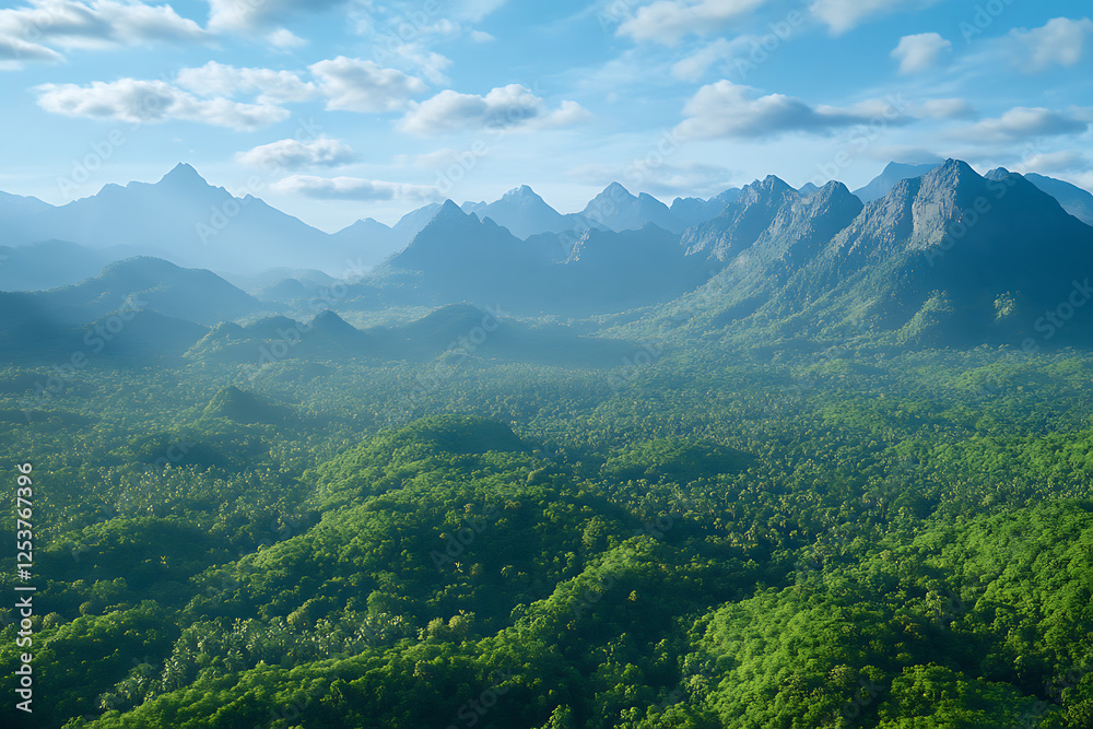 Expansive mountain vista overlooking a lush rainforest canopy stretching to the horizon. Majestic peaks rise through morning haze, while sunlight bathes the verdant landscape in ethereal light.