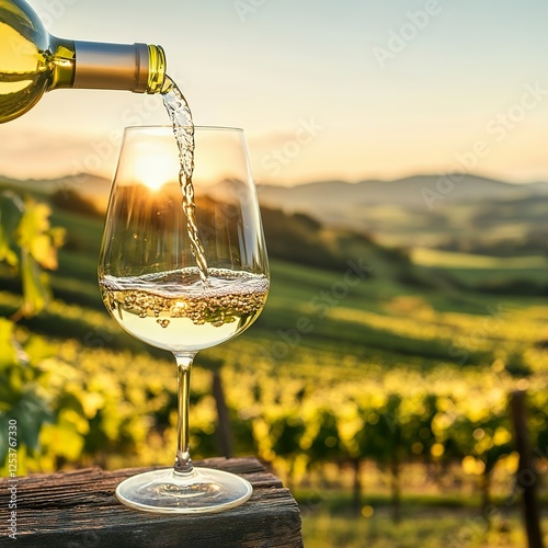 Wine glass with pouring white wine and vineyard landscape in sunny day. photo