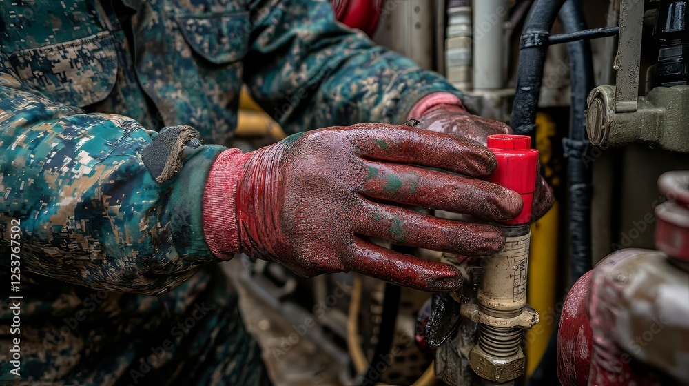 Close-up of a male worker in camouflage uniform adjusting machinery with gloved hands. Close-up of a male worker in camouflage uniform adjusting machinery with gloved hands.