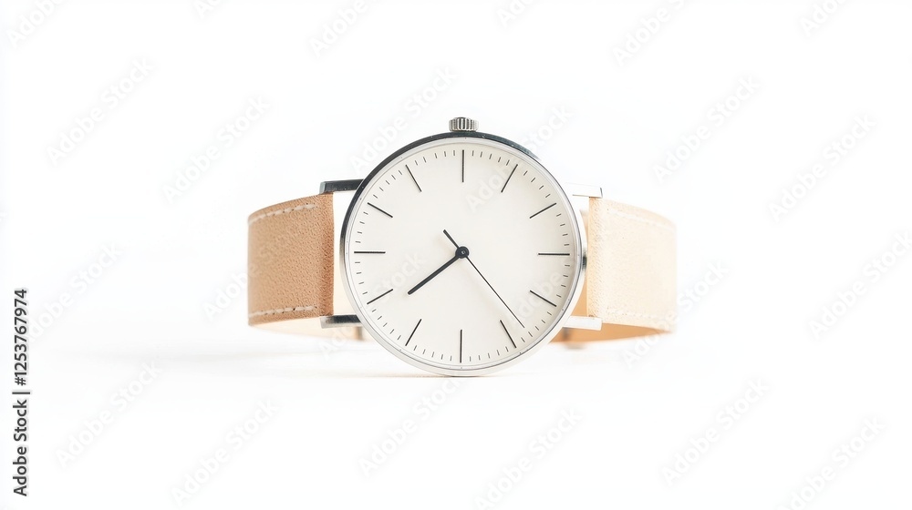 Elegant Minimalist Wristwatch with Light Brown Strap on a White Background Elegant Minimalist Wristwatch with Light Brown Strap on a White Background