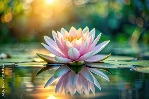 A close-up shot of a delicate water lily flower floating on the surface of a calm lake, water flowers, calm lake, plant, water lily, lake