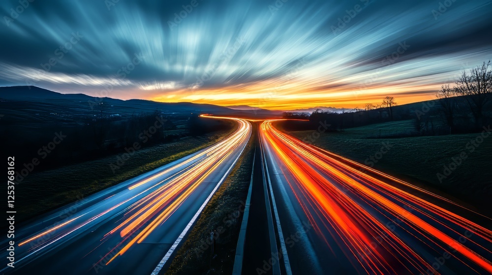 Streaks of light on a winding road at dusk with vibrant sunset colors.