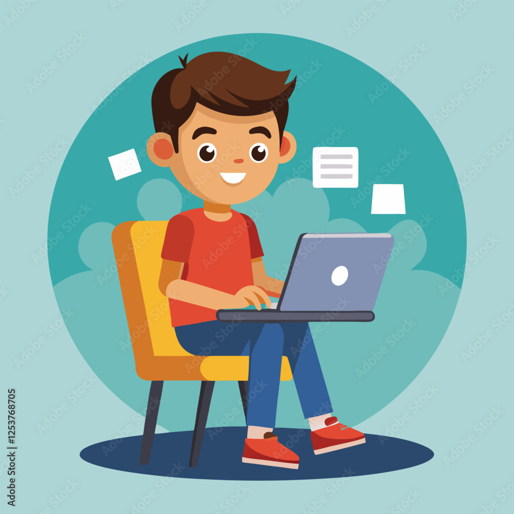 a boy is using his laptop vector a boy is using his laptop vector