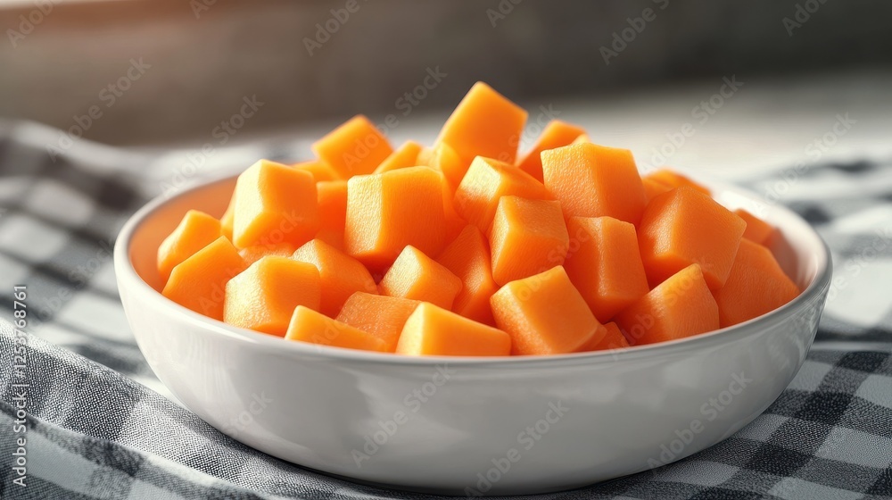 Bowl of chopped carrot on tablecloth on isolated background Bowl of chopped carrot on tablecloth on isolated background