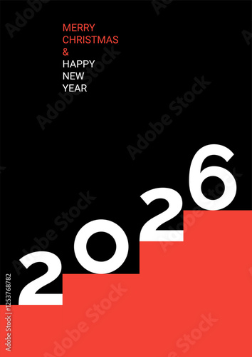 The design showcases a bold staircase with large numbers representing the year 2026. The greeting wishes Merry Christmas and Happy New Year against a striking black background.