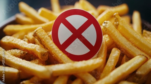 fast food, low carb diet, fattening and unhealthy eating concept - close up of french fries behind no symbol or circle-backslash prohibition sign photo