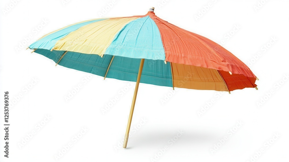 A vibrant umbrella featuring a wooden pole, elegantly displayed against a clean white backdrop, showcasing its colorful design and structure. A vibrant umbrella featuring a wooden pole, elegantly displayed against a clean white backdrop, showcasing its colorful design and structure.