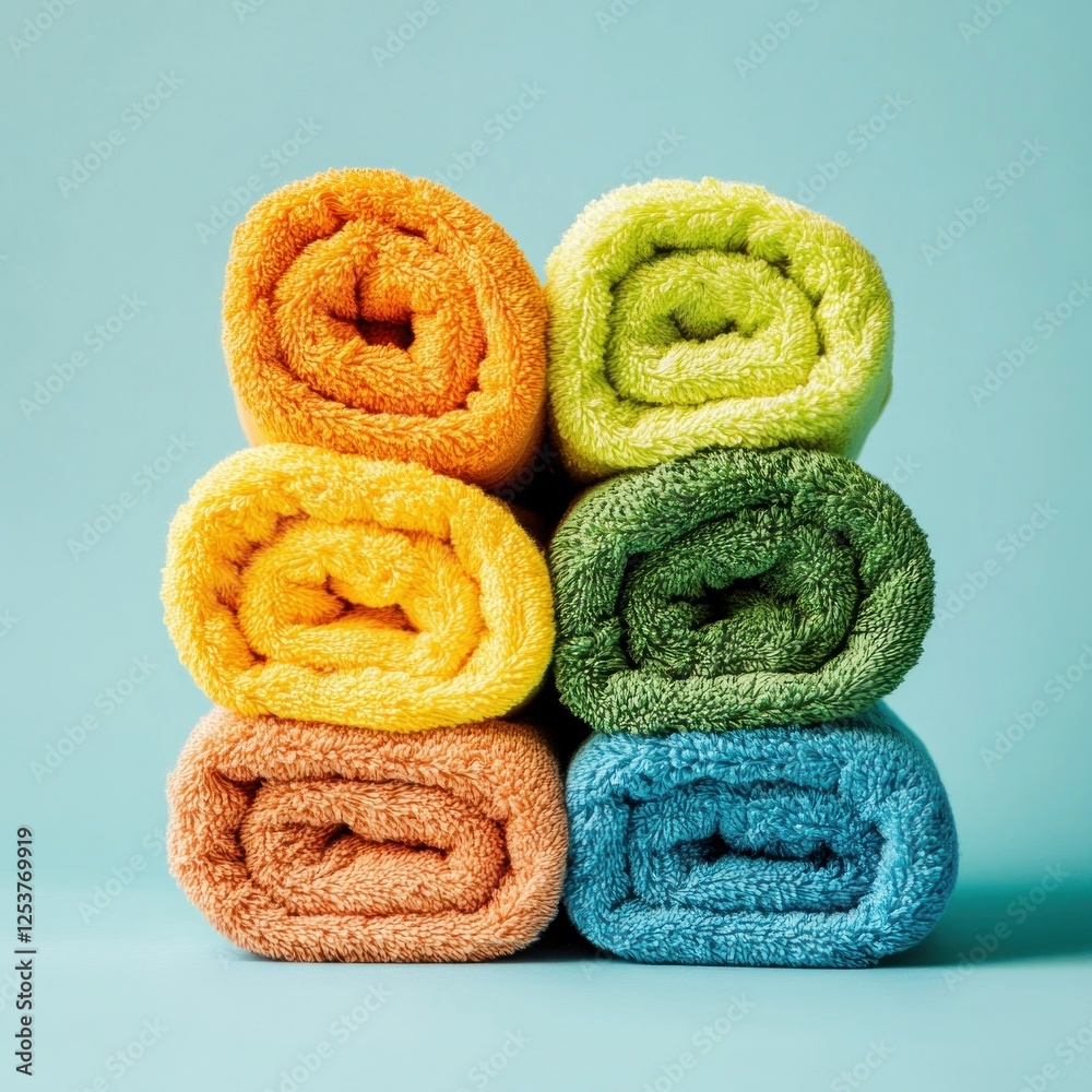 A stack of rolled bath towels in vibrant colors of yellow, orange, and green, each perfectly cylindrical, displayed on a plain light pastel blue background 