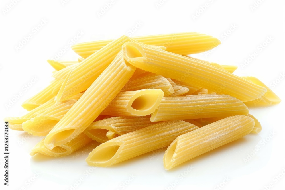 Pile of raw penne pasta on white background. Neural network AI generated Pile of raw penne pasta on white background. Neural network AI generated