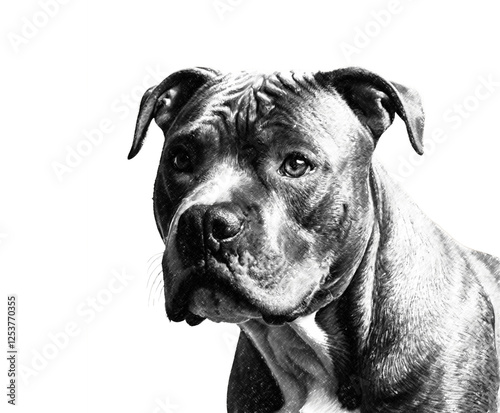 Detailed black and white illustration of a pit bull dog ia photo