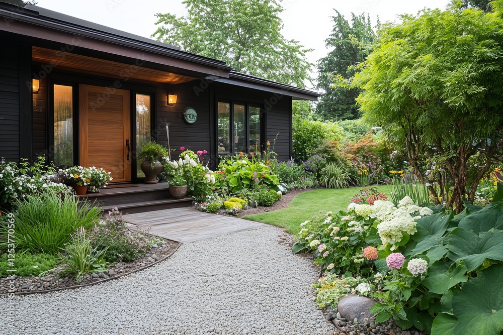 Naklejka premium Scenes of a front yard garden with a xeriscape design, featuring drought-tolerant plants, gravel pathways, and a water-efficient landscape 