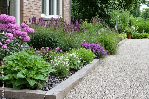 Scenes of a front yard garden with a xeriscape design, featuring drought-tolerant plants, gravel pathways, and a water-efficient landscape photo