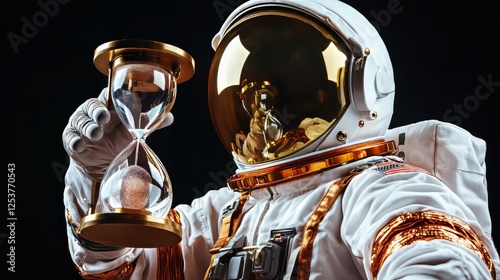 Astronaut holding an hourglass, symbolizing the passage of time in space exploration. photo