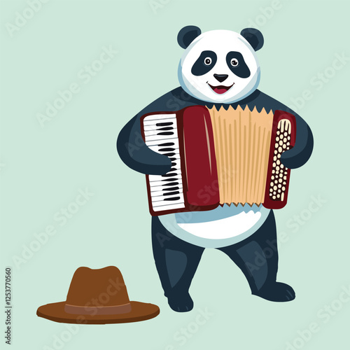 A street performer panda playing an accordion, standing on a cobblestone street in a European-style town, a small hat on the ground collecting tips, charming and nostalgic vector artwork