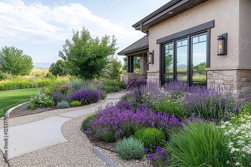 Scenes of a front yard garden with a xeriscape design, featuring drought-tolerant plants, gravel pathways, and a water-efficient landscape photo