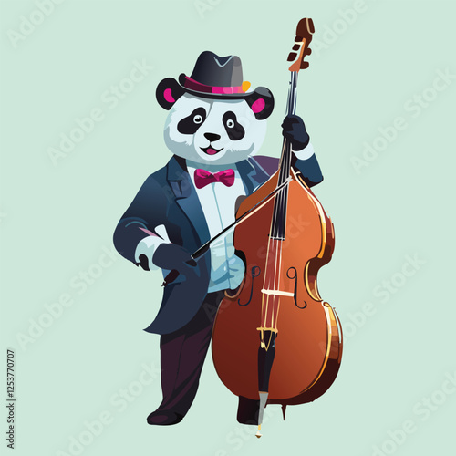 A jazz panda playing a double bass, wearing a fedora, standing in a dimly lit jazz club, vintage 1920s style, smooth and classy vector design