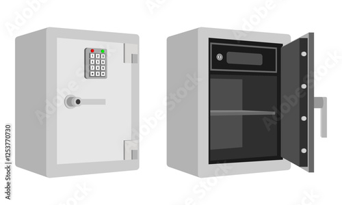 silver safe box open and close set vector illustration isolated on white background.