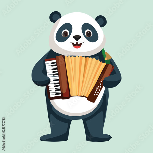 A street performer panda playing an accordion, standing on a cobblestone street in a European-style town, a small hat on the ground collecting tips, charming and nostalgic vector artwork