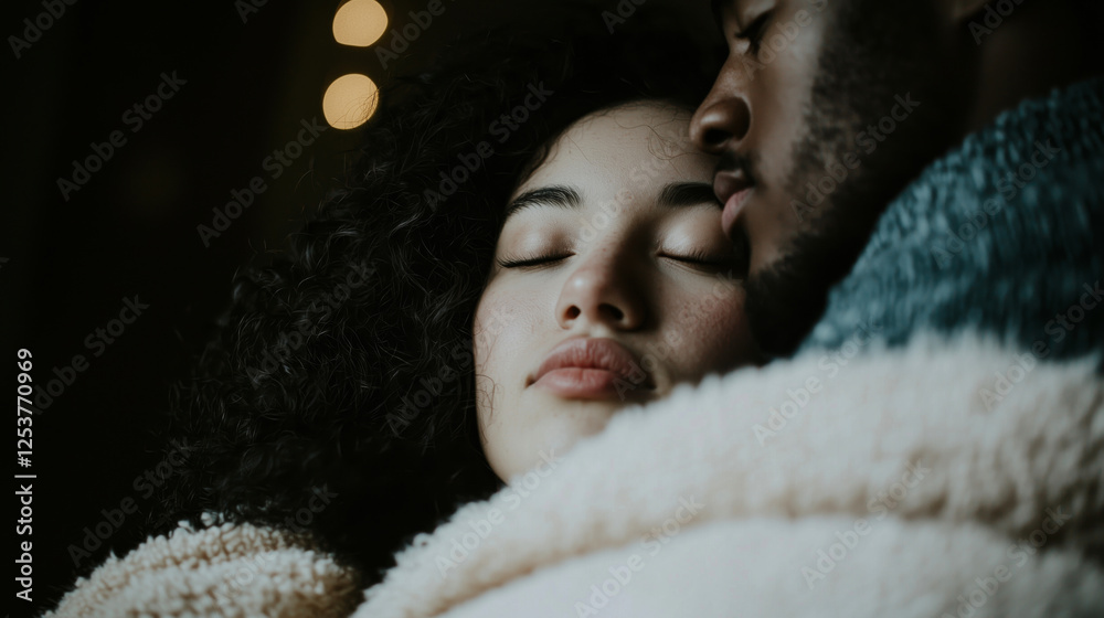 A couple shares an intimate embrace with eyes closed, wrapped in a soft beige and blue blanket, illuminated by warm ambient lighting, creating a cozy and affectionate atmosphere. A couple shares an intimate embrace with eyes closed, wrapped in a soft beige and blue blanket, illuminated by warm ambient lighting, creating a cozy and affectionate atmosphere.