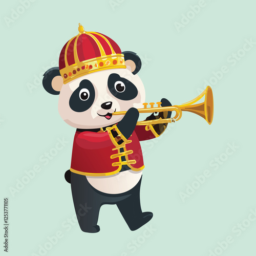 A marching band panda playing a trumpet, dressed in a red and gold uniform, leading a parade with confetti flying, festive and vibrant vector artwork