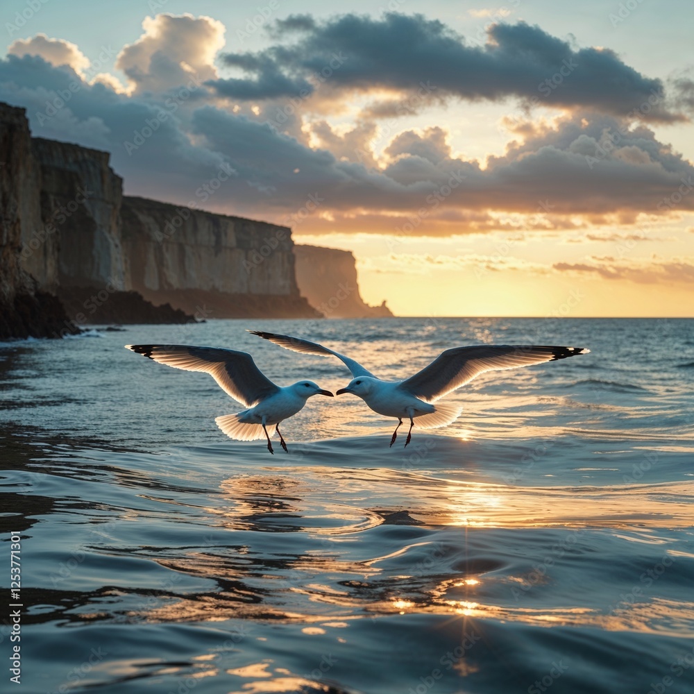 Fototapeta premium Two seagulls glide gracefully over the ocean at sunset, their wings illuminated by the golden light.