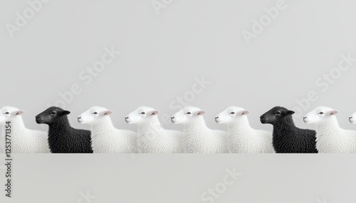 Lone black sheep standing apart yet within a group of white sheep symbolic and artistic imagery for themes of uniqueness and independent thinking