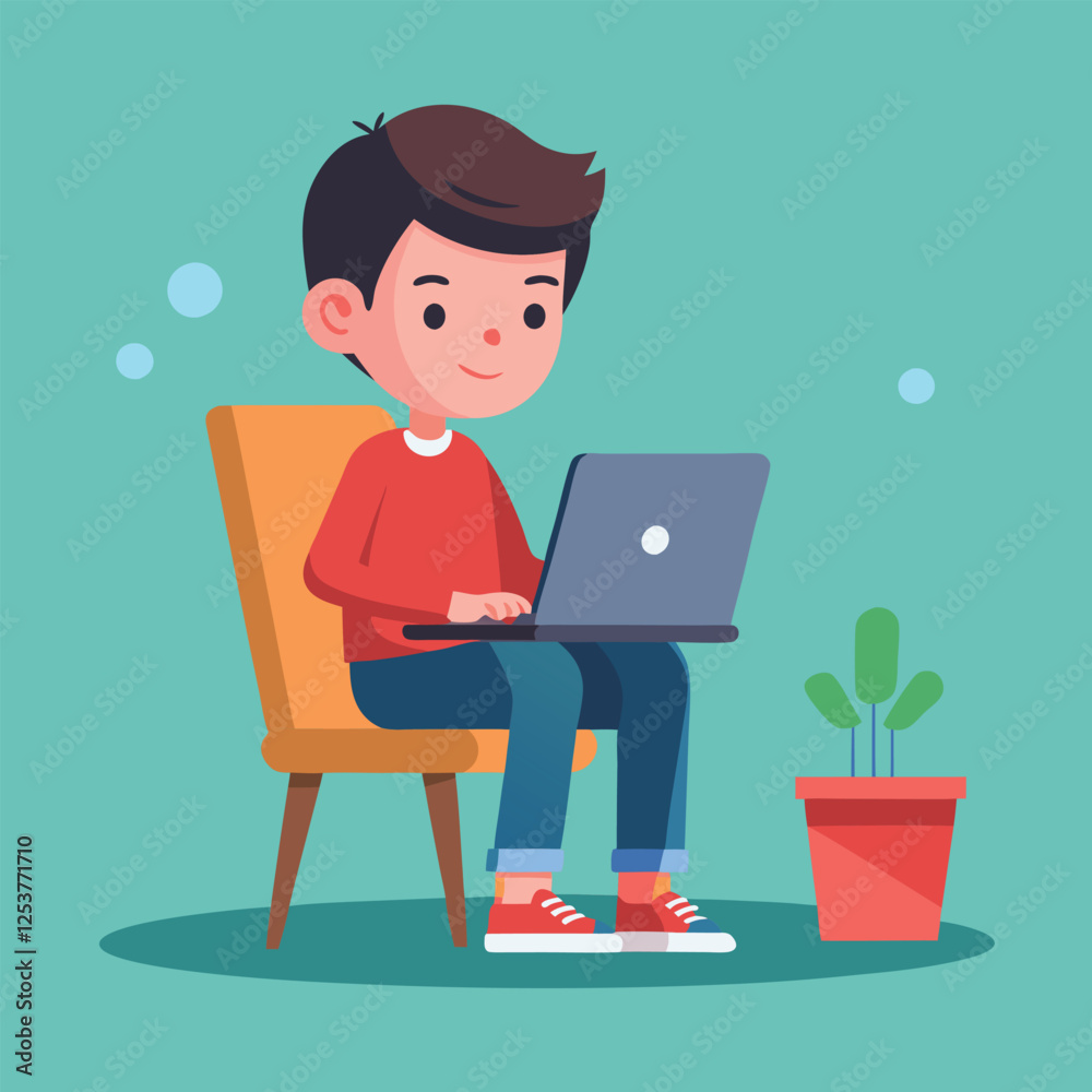 a boy is using his laptop vector a boy is using his laptop vector