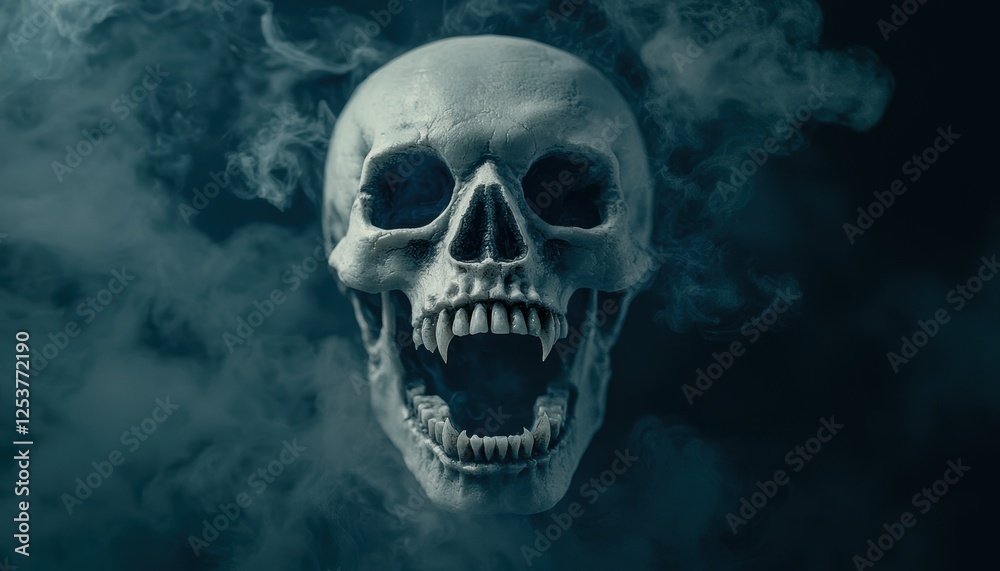 A menacing skull emerges from swirling fog, creating an eerie and haunting atmosphere. A menacing skull emerges from swirling fog, creating an eerie and haunting atmosphere.