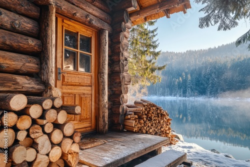 Cozy rustic cabin retreat by the lakeside with woodpile ready for winter warmth. Generative AI
