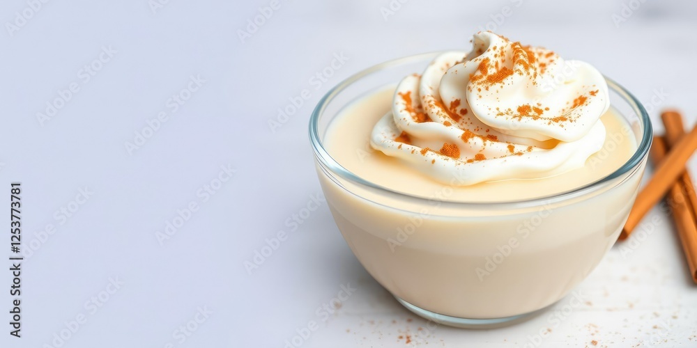 A bowl of vanilla pudding with whipped cream on top and a sprinkle of cinnamon, whipped cream, dessert A bowl of vanilla pudding with whipped cream on top and a sprinkle of cinnamon, whipped cream, dessert
