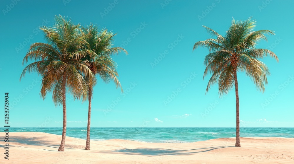 Fototapeta premium Tropical beach with palm trees, clear blue sky, and calm ocean