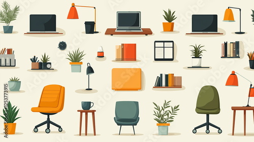Modern office workspace seamless pattern with laptops, chairs, books, plants, and lamps in a minimalist flat design. Perfect for business branding, coworking space promotions, and productivity blogs