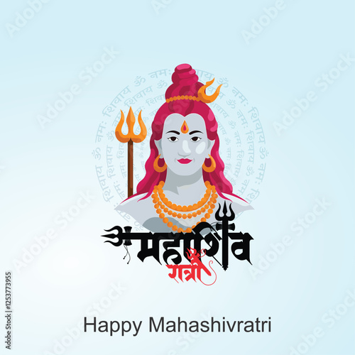 happy maha Shivratri with trisulam, a Hindu festival celebrated of lord shiva night, english calligraphy. abstract vector illustration design. hindi text meaning "om namah shivaay"